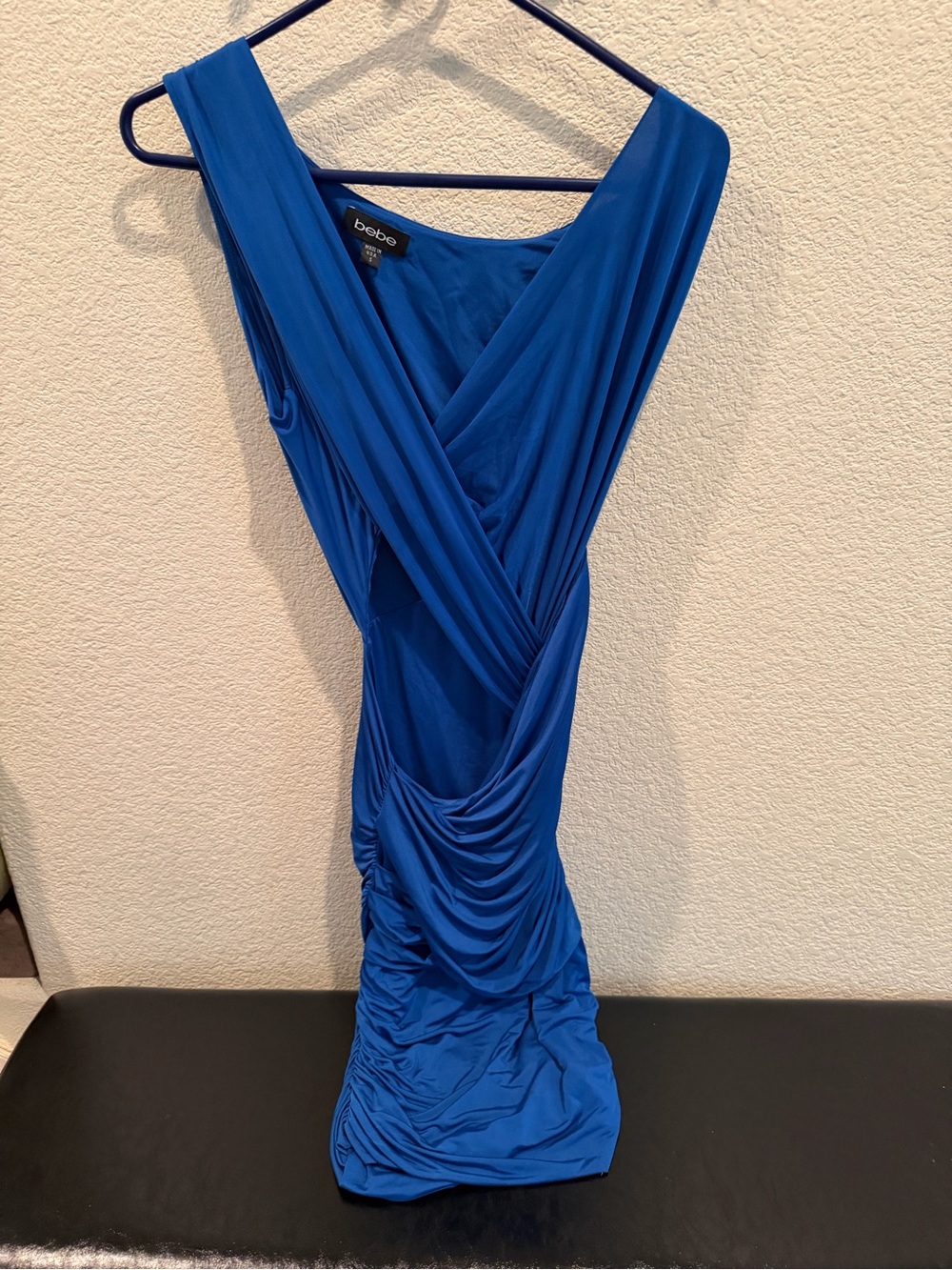 bebe Cobalt Blue Ruched V-Neck Midi Dress